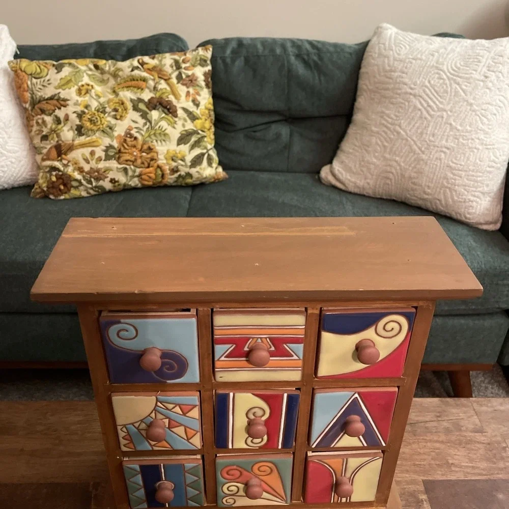 Hand Painted Ceramic Wood Apothecary 9 Drawer Chest Jewelry Spices Trinkets Vtg‎